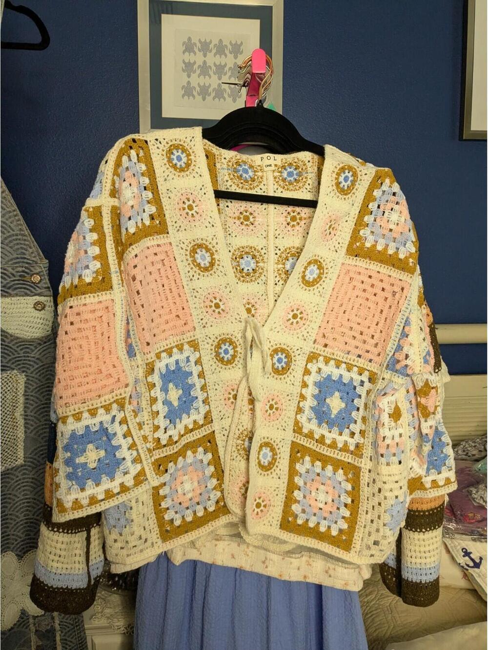 New Pol Fits S-XL OS  One Size Multi Crochet cardigan Top Jacket Tie Front Pink